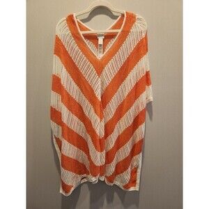 Chico's Womens Poncho One Size Coral & White Striped, V Neck Perfect For Fall